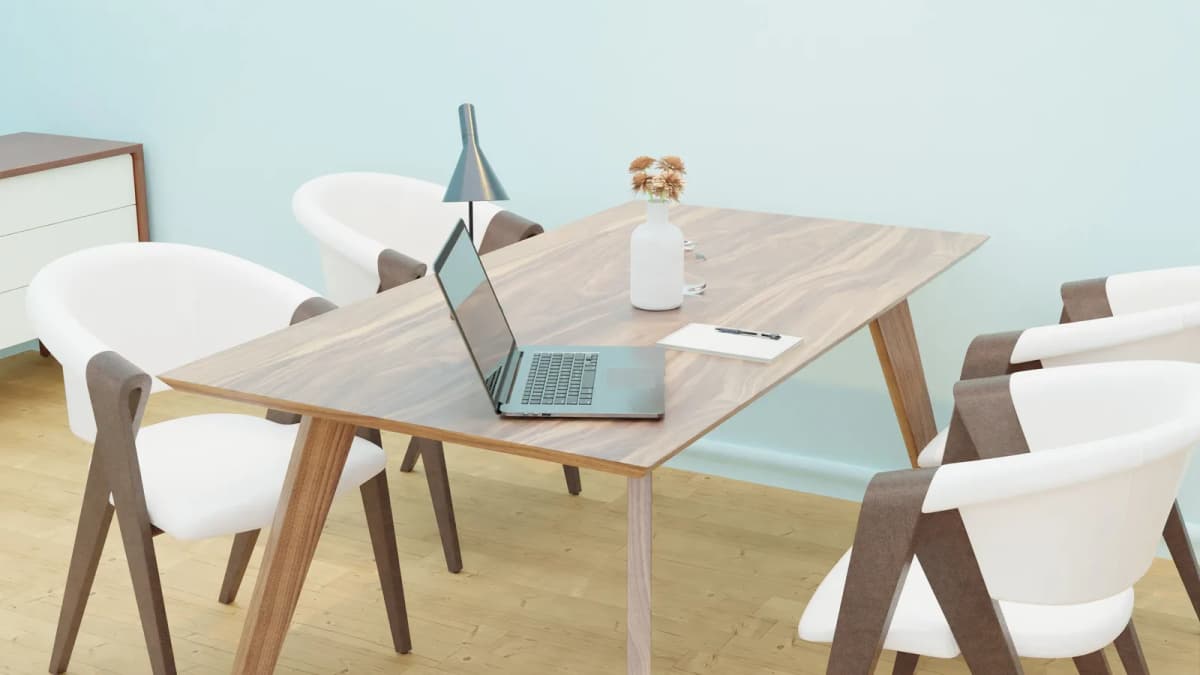 Scandinavian Wood Work Table with White Armchairs