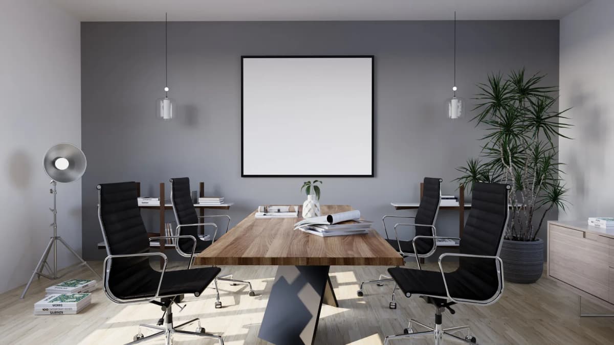 Solid Wood Meeting Table with High-Back Black Chairs