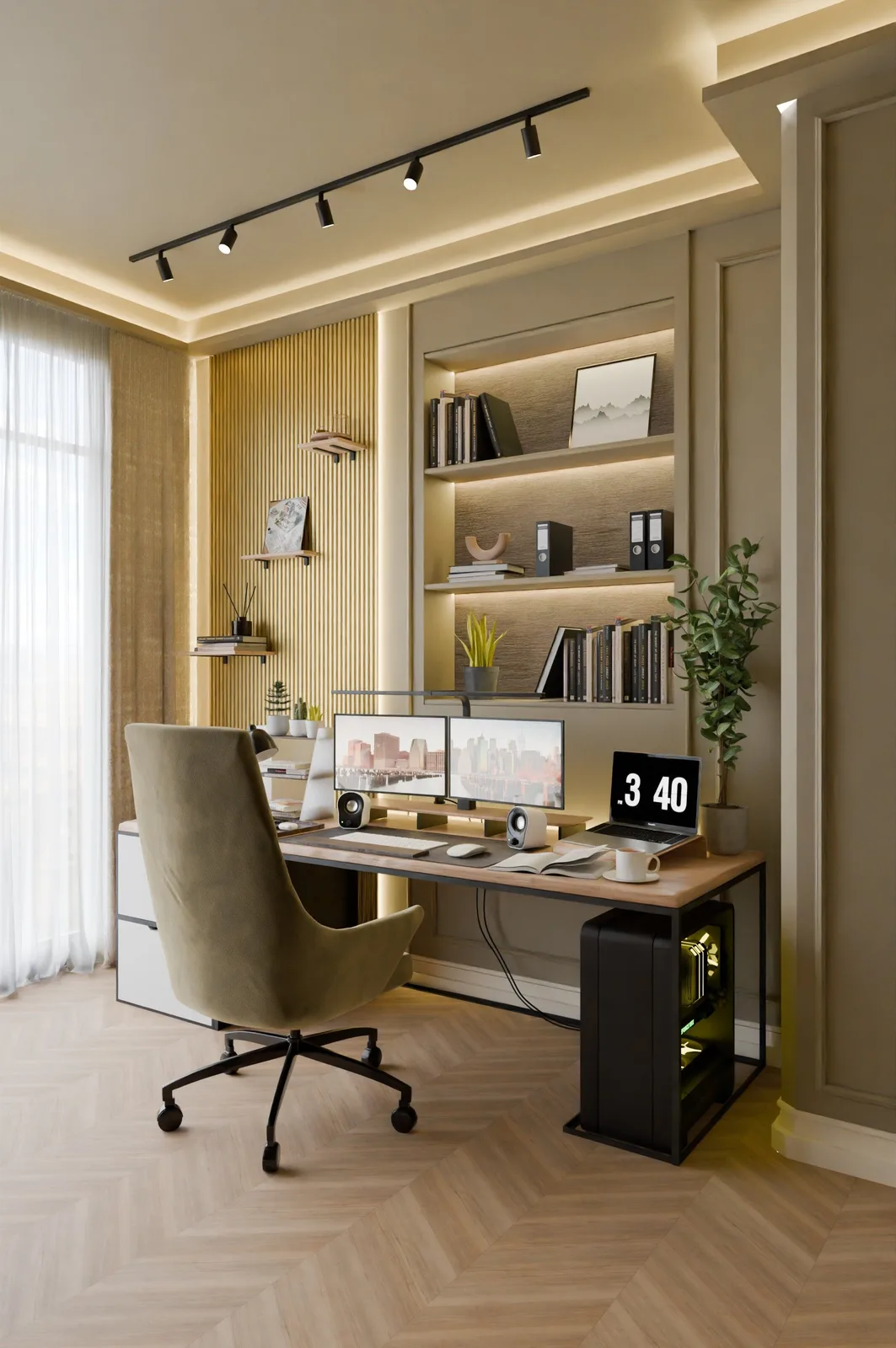Modern Home Office Desk with LED Bookshelf Niche