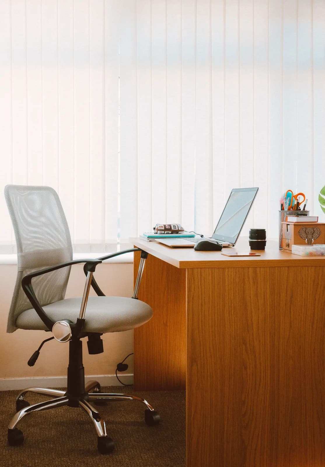Warm Wood Manager Desk with Grey Mesh Chair