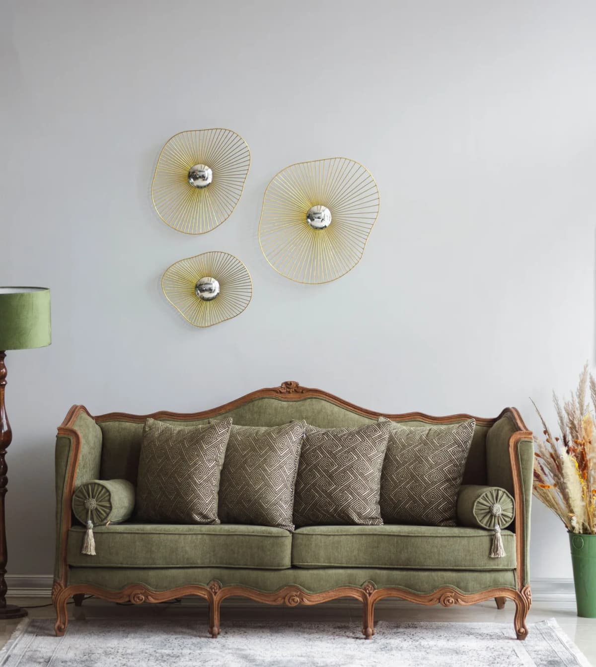 Carved Walnut Dewan with Olive Velvet