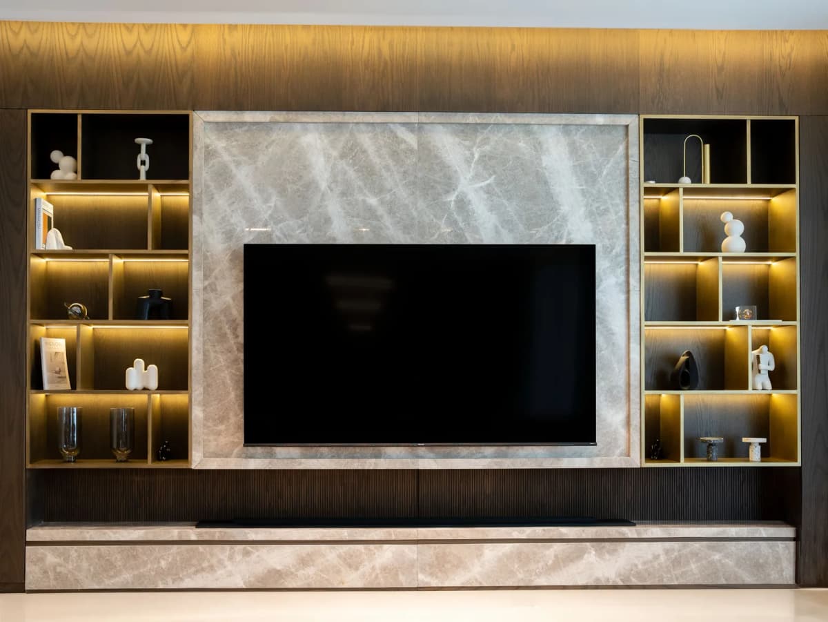 Marble Feature Wall TV Unit with Lit Shelves