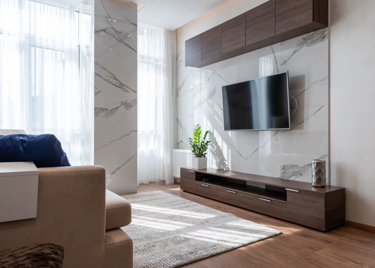 Walnut Console TV Unit with Marble Wall