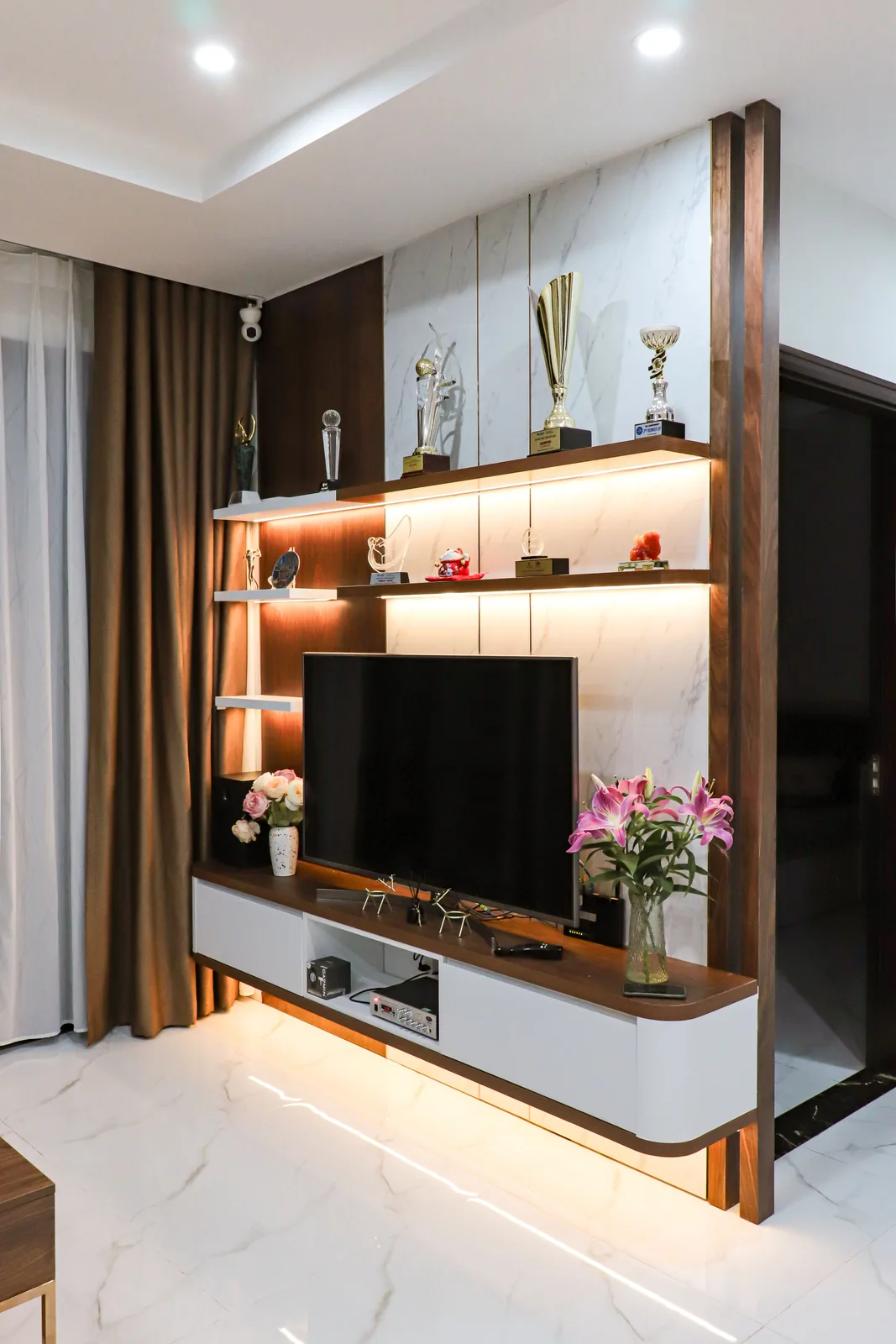 Backlit Wooden TV Wall Unit with Shelf Display