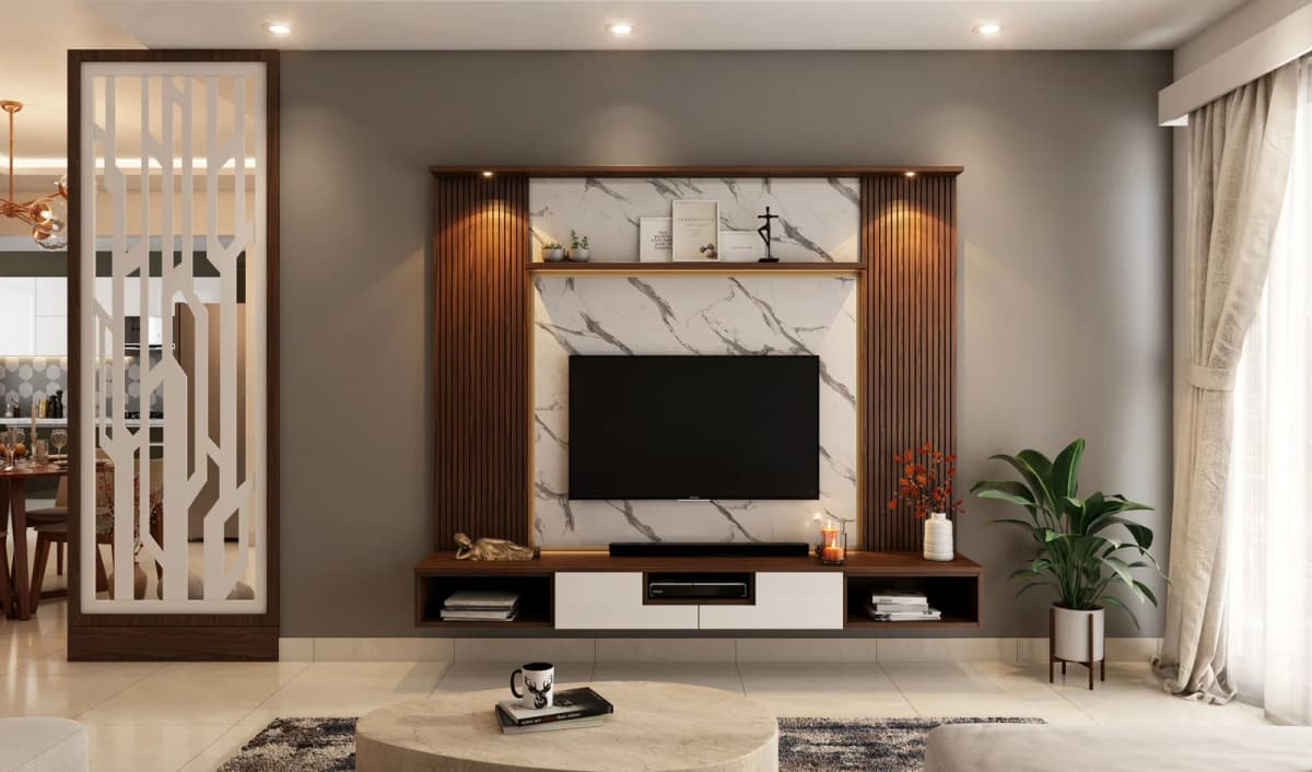 Marble Backdrop Slatted Walnut TV Unit