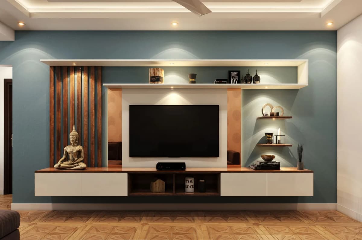 Teal Accent Floating TV Unit with Decor Shelves